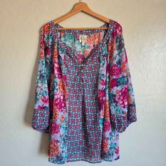 Fig & Flower V-Neck Mixed Floral Print Top Multi 3X Plus Colorful Boho Peasant - Picture 1 of 10